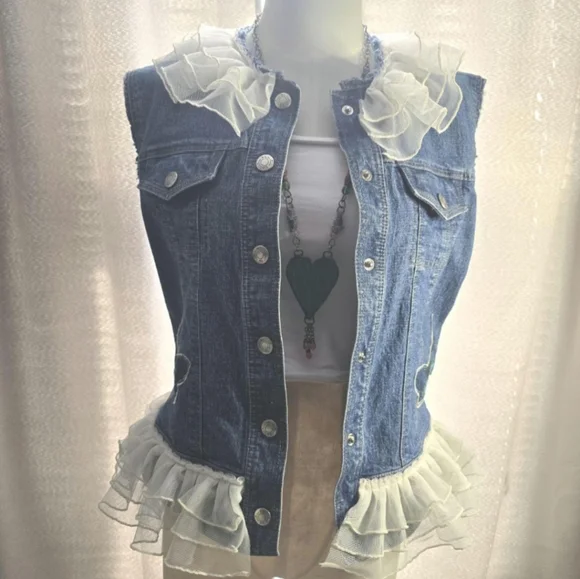 Upcycled Denim Vest with Ruffle Trim and Butterfly Patch Size Medium - Picture 11 of 11